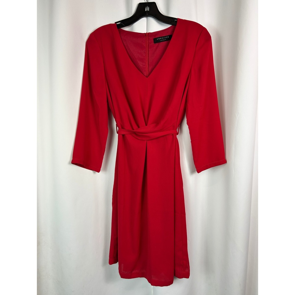 Angeleye London Red Solid V-Neck Waist Tie Sheath Dress Cocktail Career Size 6